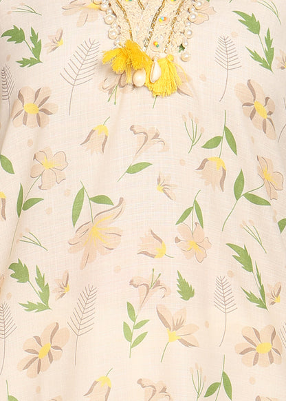 Elegant Floral Printed Kurta with Embellished Neckline