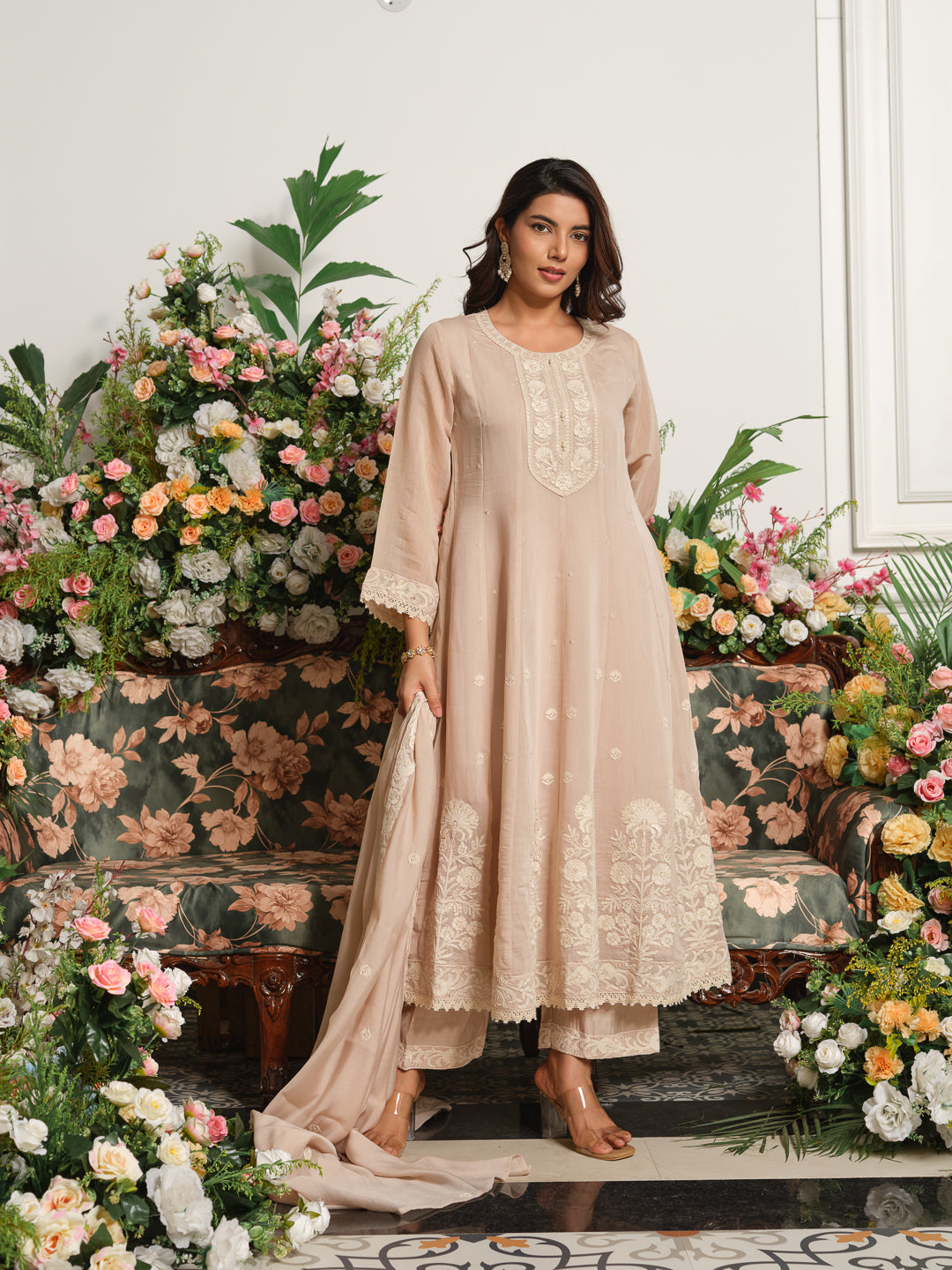 Beige Embroidered Anarkali Kurta Set with Matching Trousers and Embroidered Dupatta in Chanderi Silk Fabric