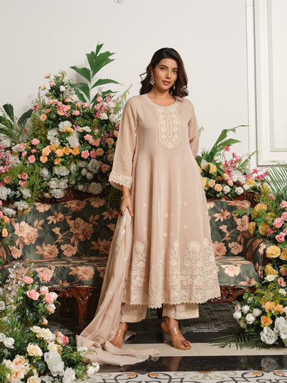 Beige Embroidered Anarkali Kurta Set with Matching Trousers and Embroidered Dupatta in Chanderi Silk Fabric