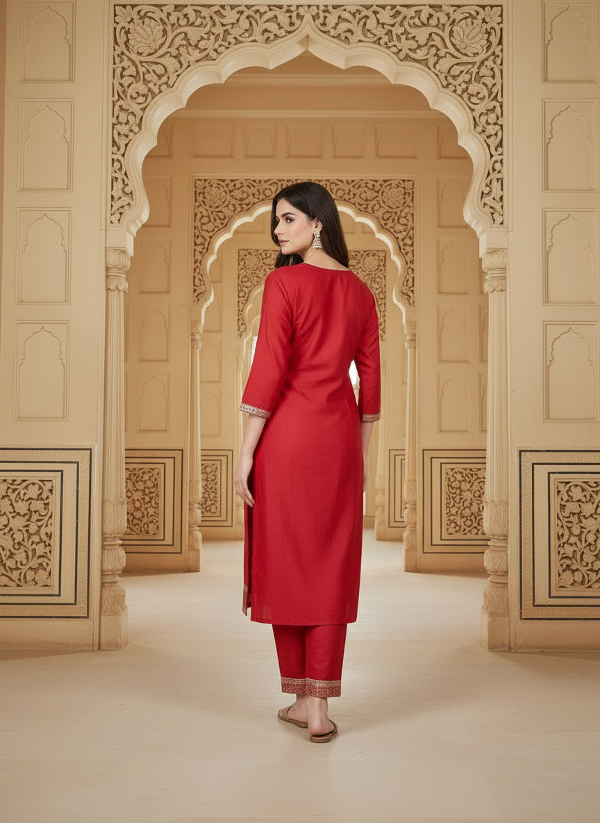 Embroidered Cotton Round Neck Straight Kurta & Trousers With Dupatta