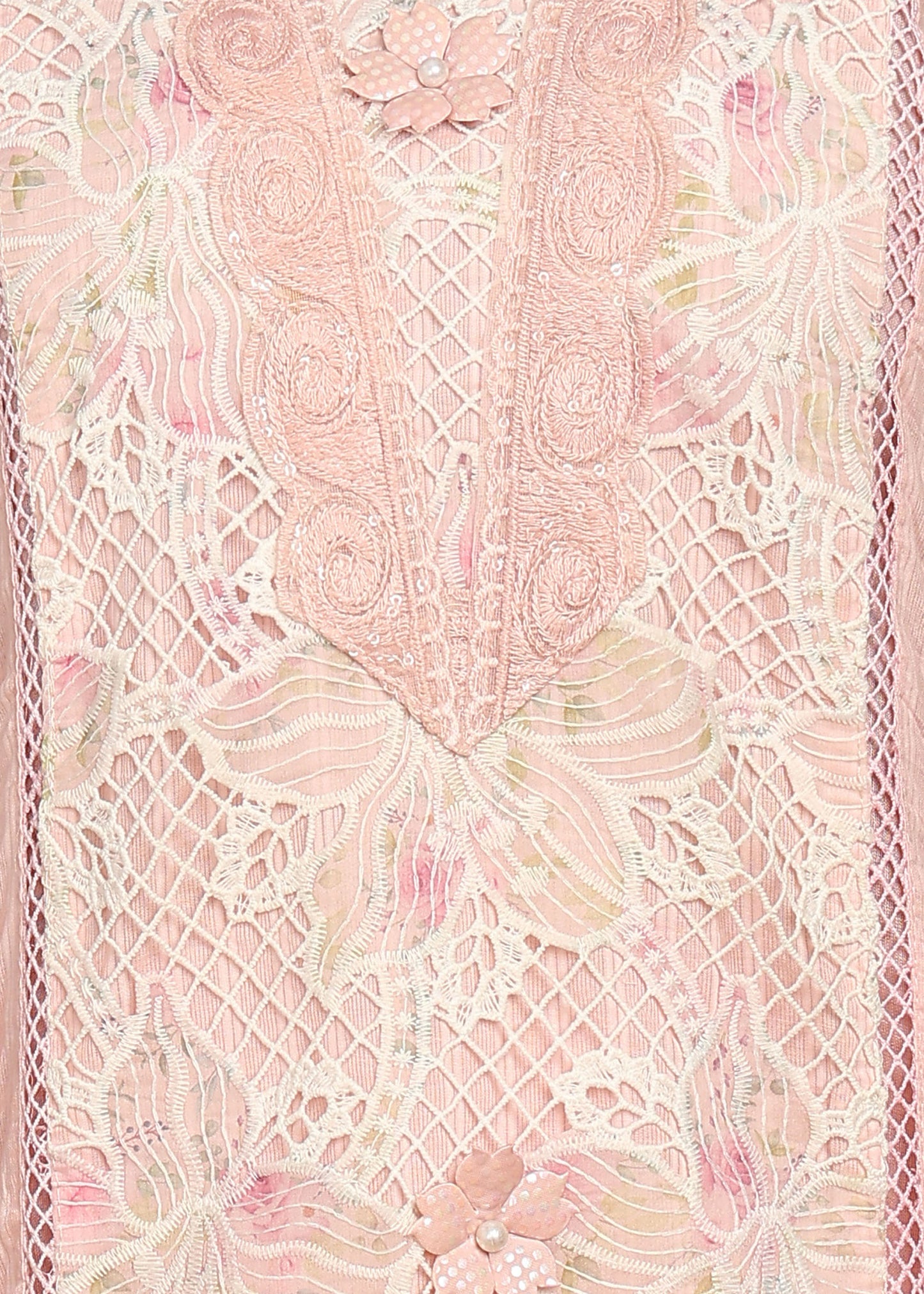 Soft Pink Textured Kurta with Intricate Crochet Lace and Floral Lining
