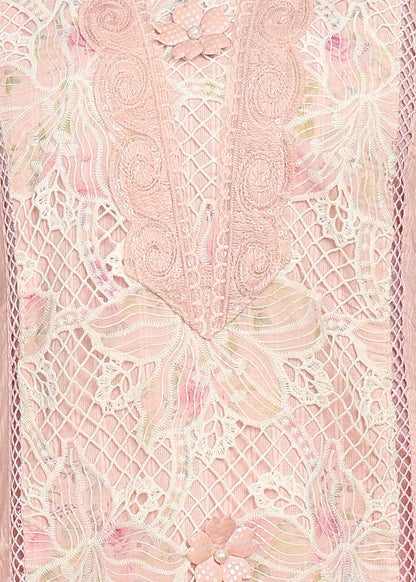 Soft Pink Textured Kurta with Intricate Crochet Lace and Floral Lining
