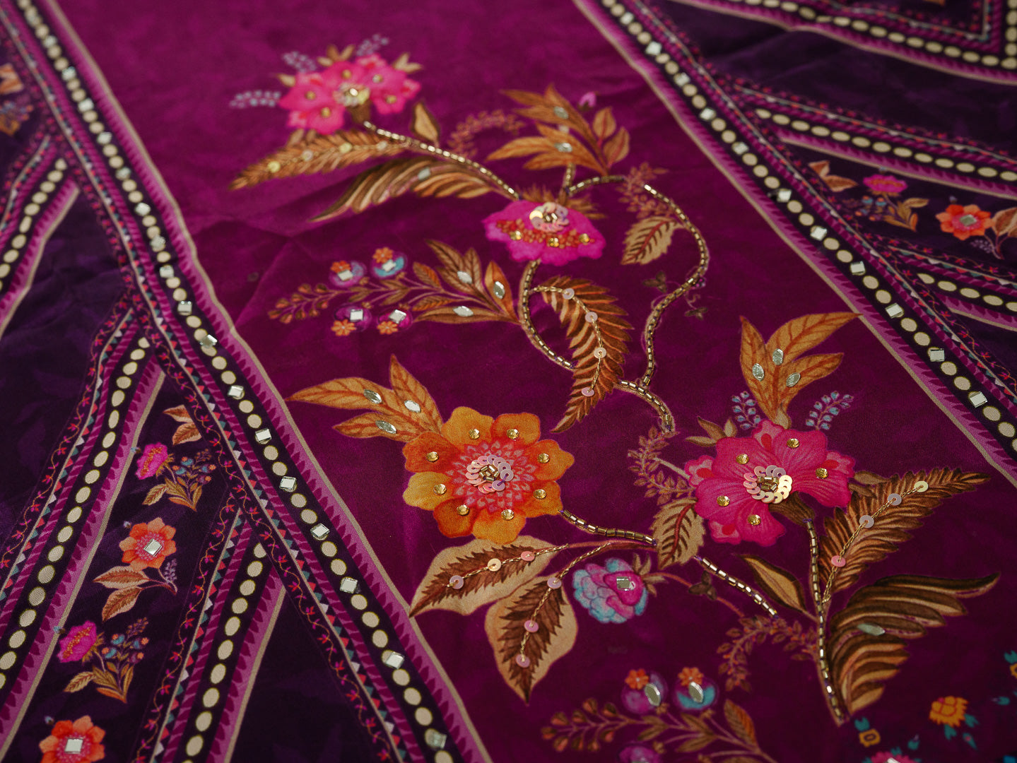 Wine & Purple Digital Print Kurta Set with Heavy Handwork