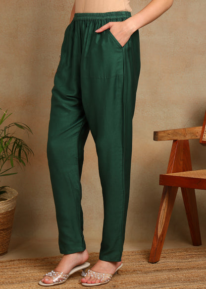 Women's Green Ethnic Motif Printed Kurta with Kantha & Sequin Work, Paired with Trousers and Dupatta