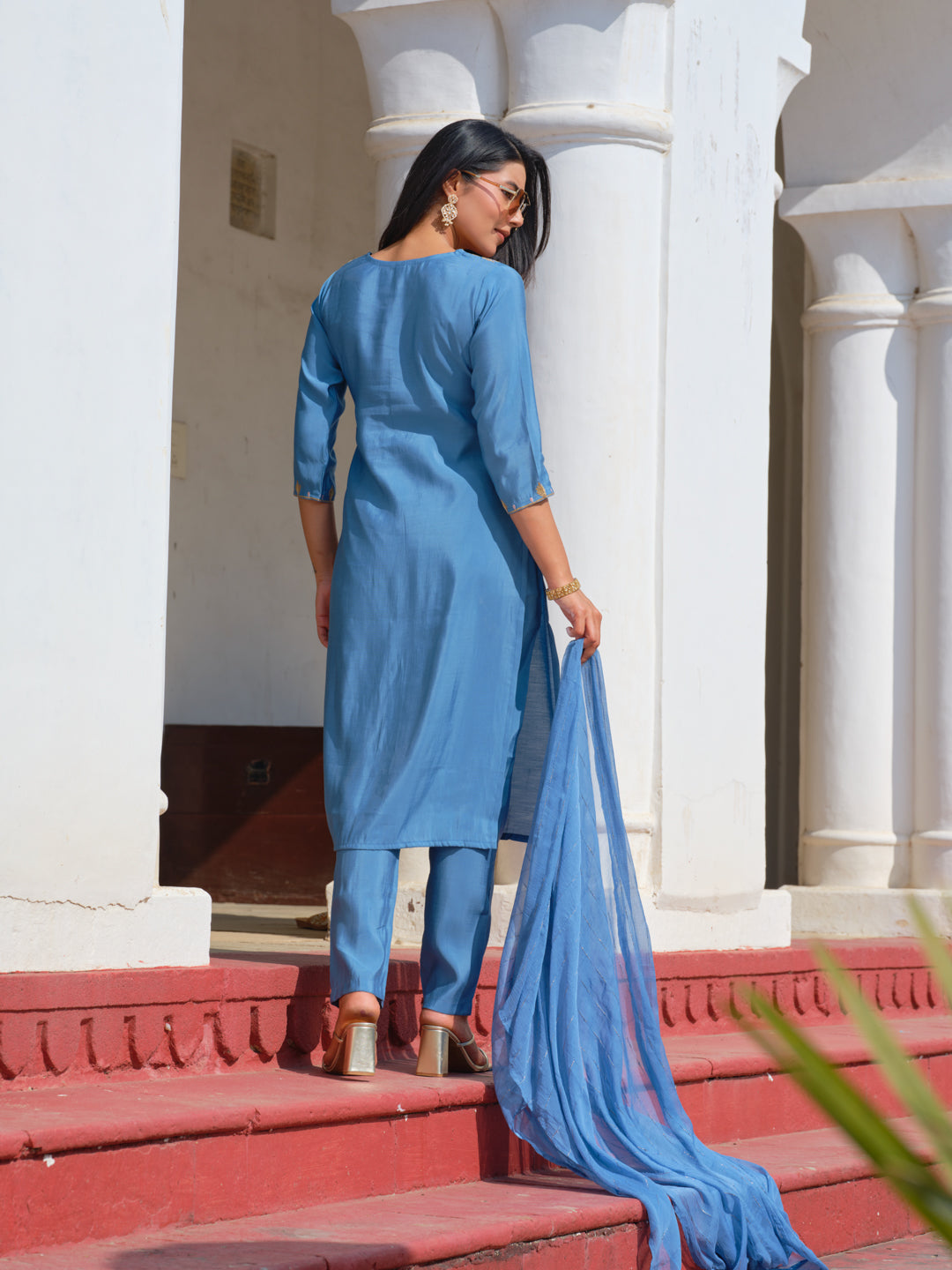 Embroidered Round Neck Straight Kurta & Trousers With Dupatta