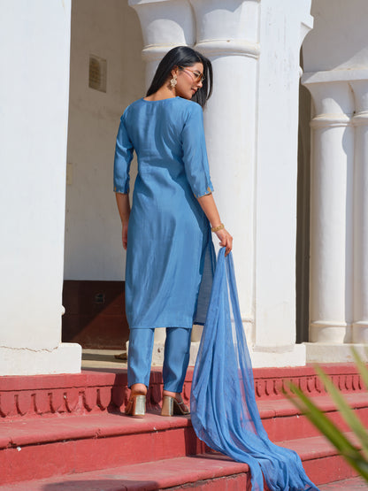Embroidered Round Neck Straight Kurta & Trousers With Dupatta