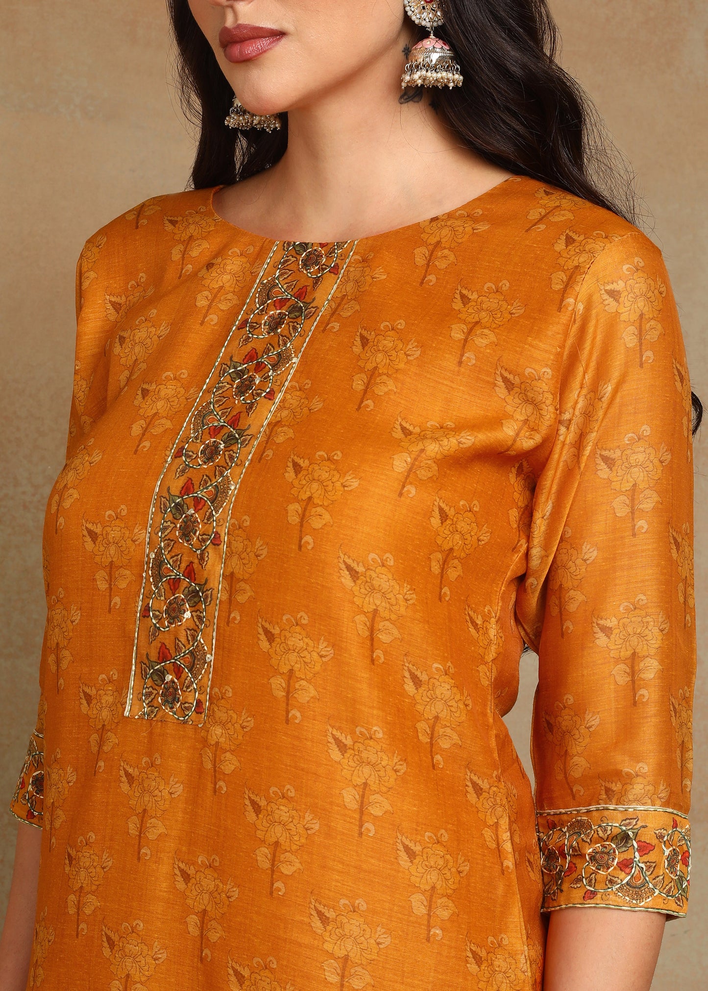 Women's Yellow Ethnic Motif Printed Kurta with Kantha & Sequin Work, Paired with Trousers and Dupatta