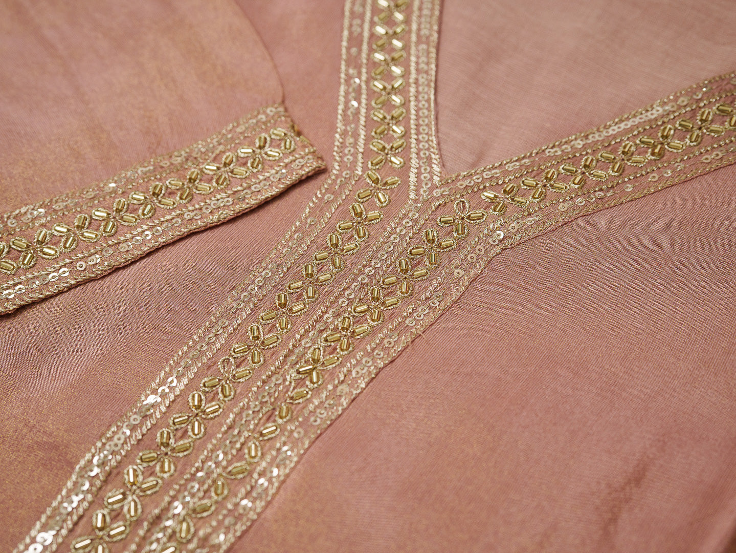 Peach Viscose Tissue Kurta Set with Jacquard Dupatta & Hand Embroidery
