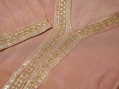 Peach Viscose Tissue Kurta Set with Jacquard Dupatta & Hand Embroidery