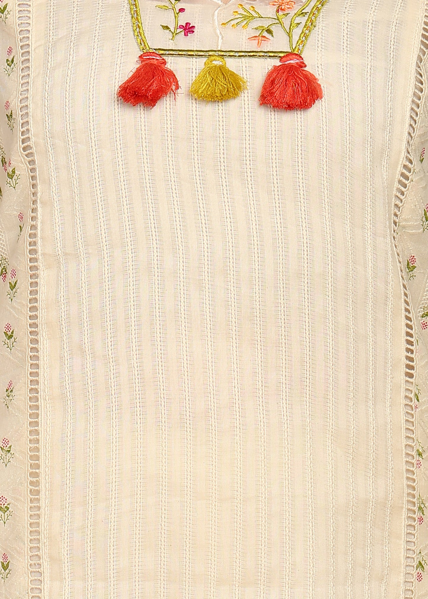 Chikankari-Style Kurta with Tassel & Lace Detailing