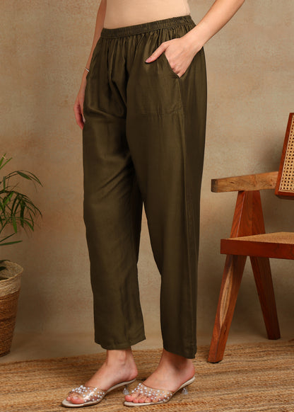 Women's Olive-Green Ethnic Motif Printed Kurta with Kantha & Sequin Work, Paired with Trousers and Dupatta