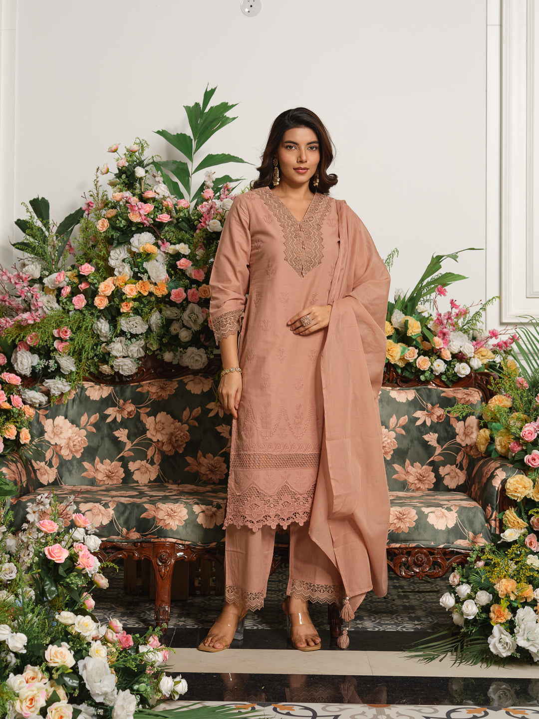 Brown Embroidered Cotton Blend V-Neck Kurta Set with Dupatta