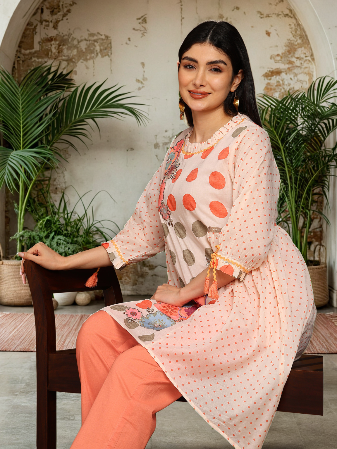 Cotton Printed A-Line C Cut Kurta with Balloon Tie-Up Sleeves & Straight Pants