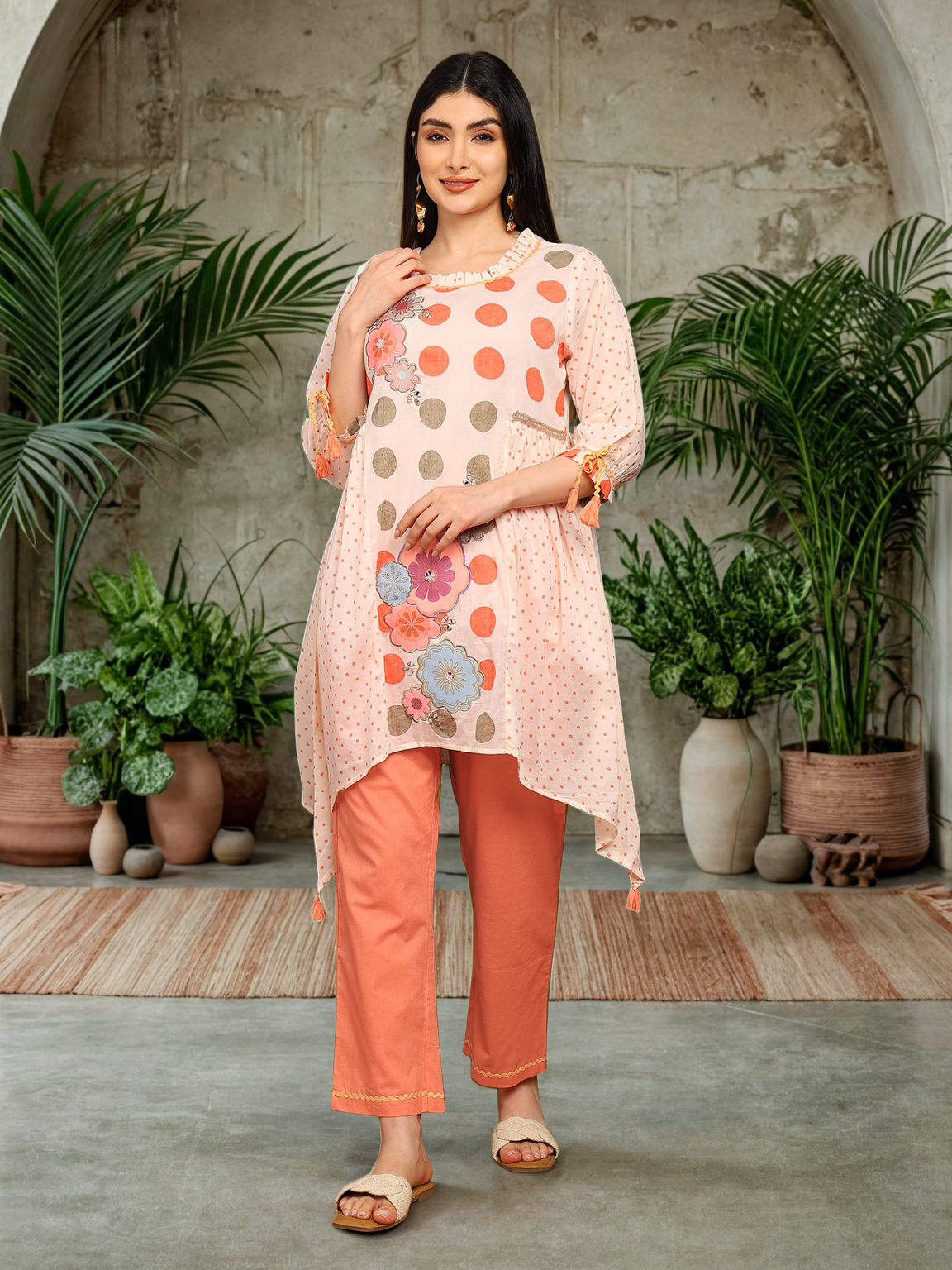 Cotton Printed A-Line C Cut Kurta with Balloon Tie-Up Sleeves & Straight Pants