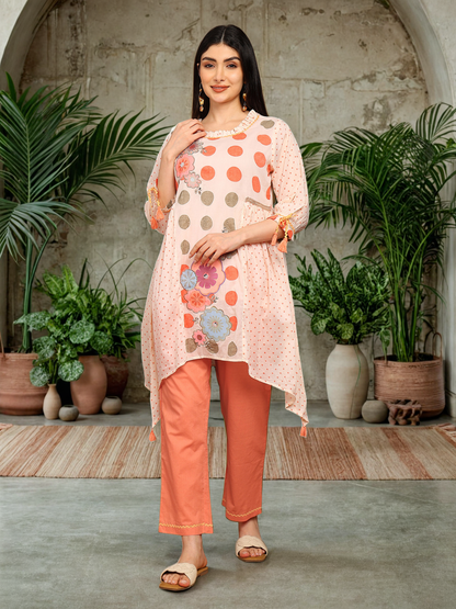 Cotton Printed A-Line C Cut Kurta with Balloon Tie-Up Sleeves & Straight Pants