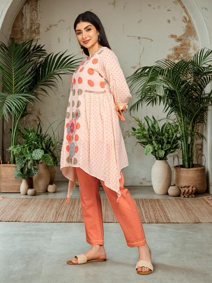 Cotton Printed A-Line C Cut Kurta with Balloon Tie-Up Sleeves & Straight Pants