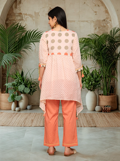 Cotton Printed A-Line C Cut Kurta with Balloon Tie-Up Sleeves & Straight Pants