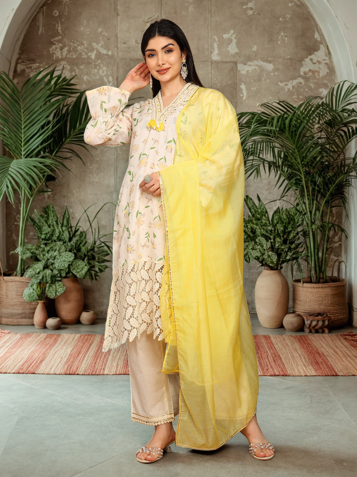 Elegant Floral Printed Kurta with Embellished Neckline
