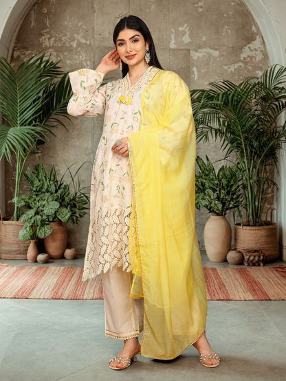 Elegant Floral Printed Kurta with Embellished Neckline