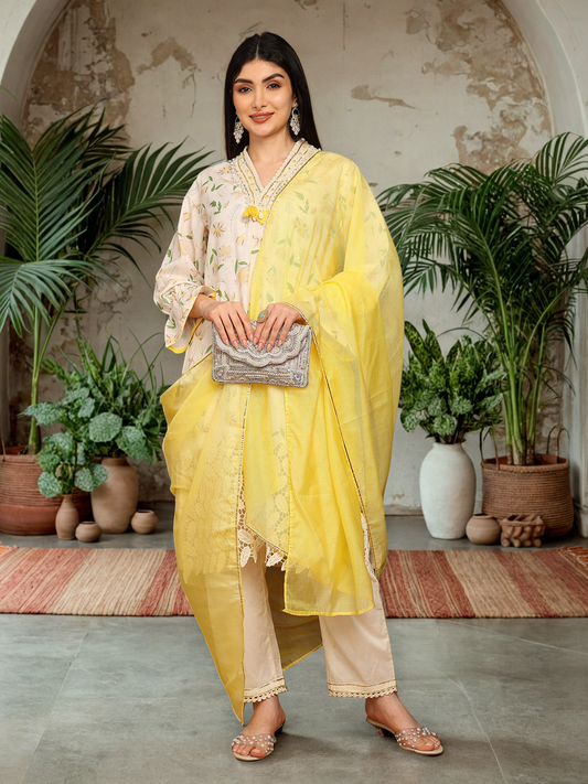 Elegant Floral Printed Kurta with Embellished Neckline