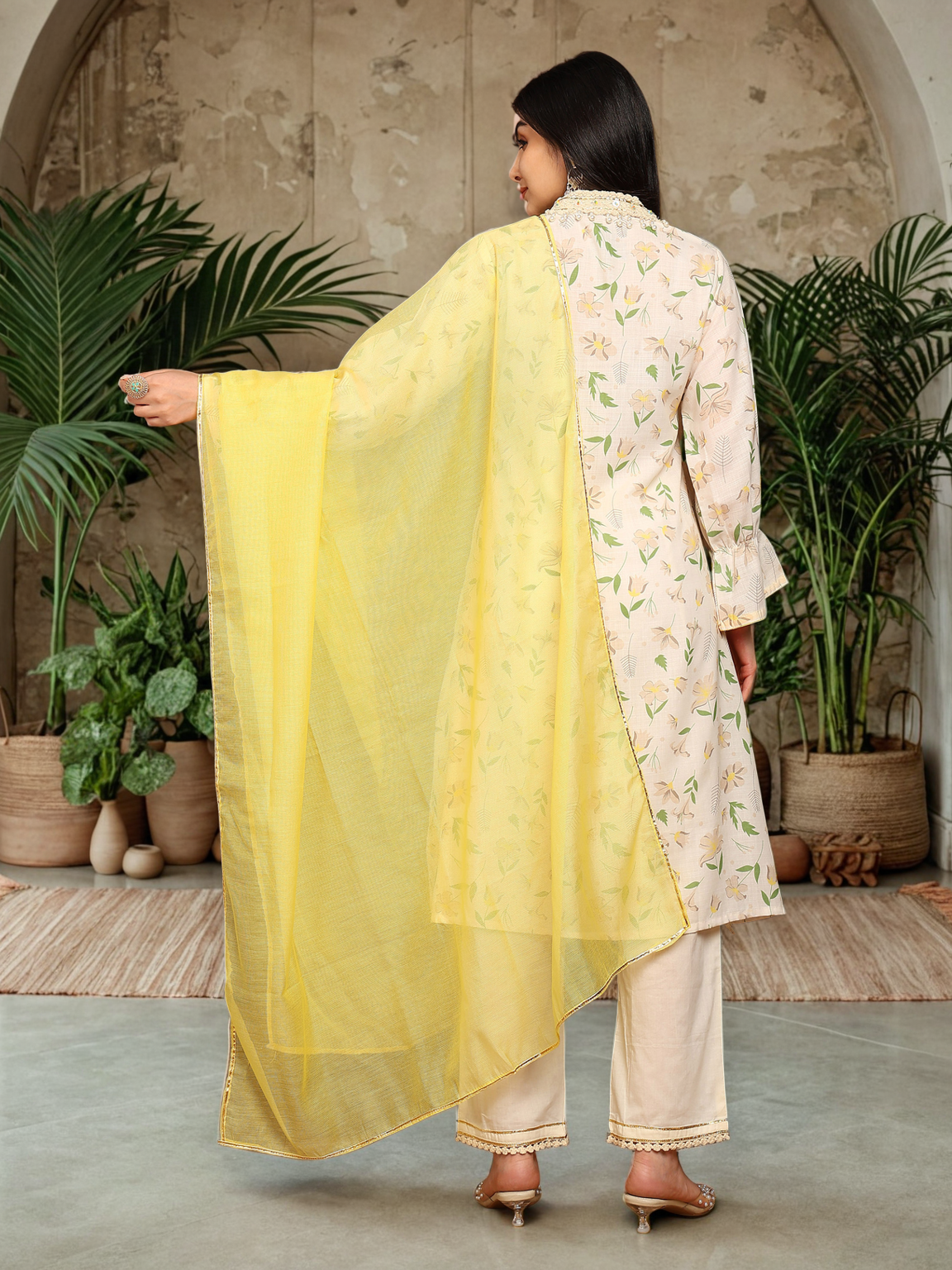 Elegant Floral Printed Kurta with Embellished Neckline