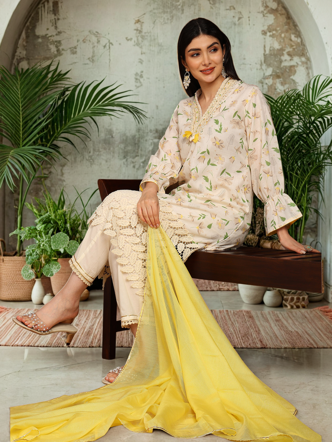 Elegant Floral Printed Kurta with Embellished Neckline