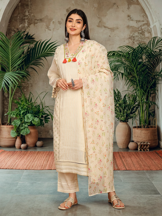 Chikankari-Style Kurta with Tassel & Lace Detailing