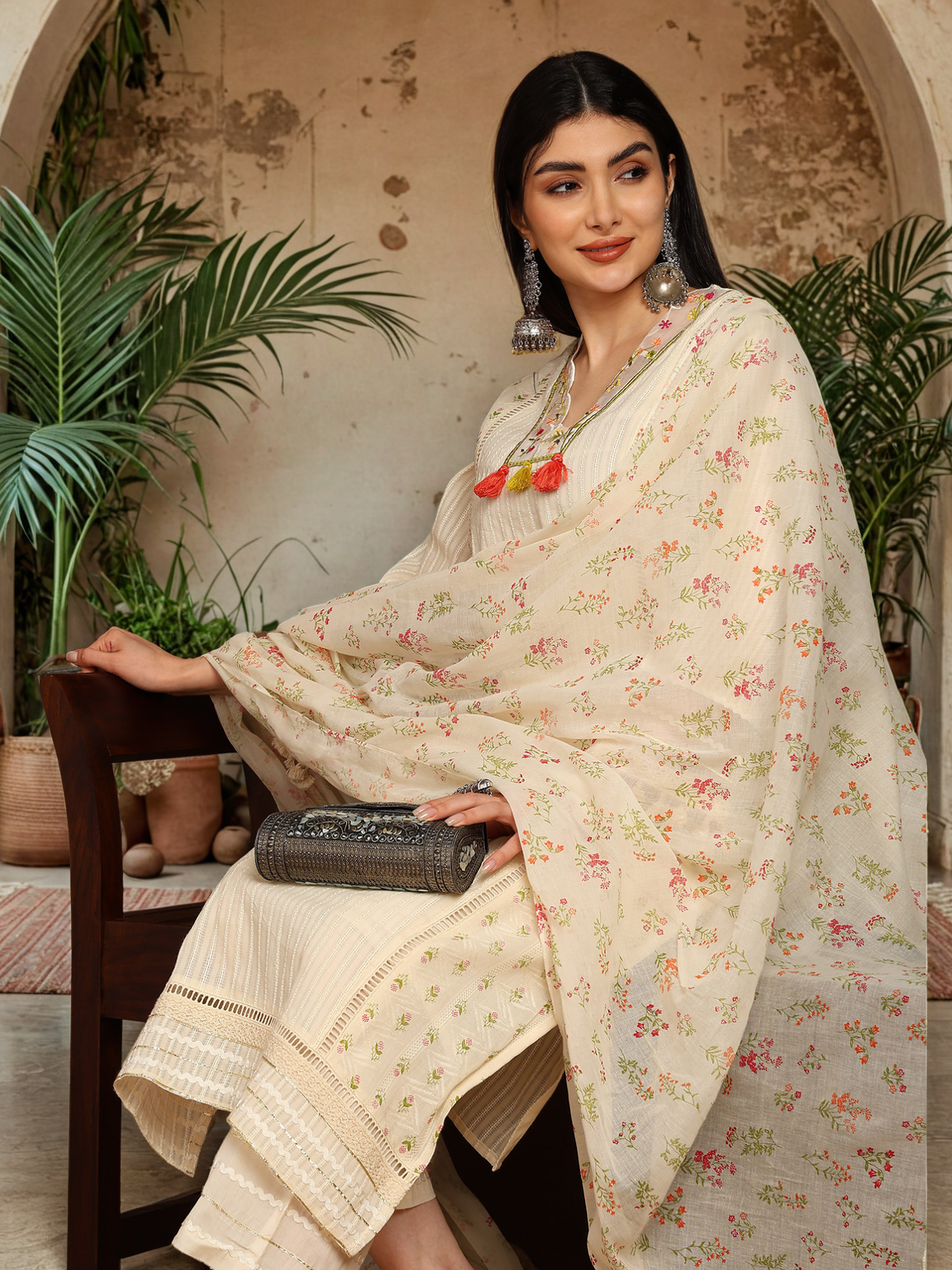 Chikankari-Style Kurta with Tassel & Lace Detailing
