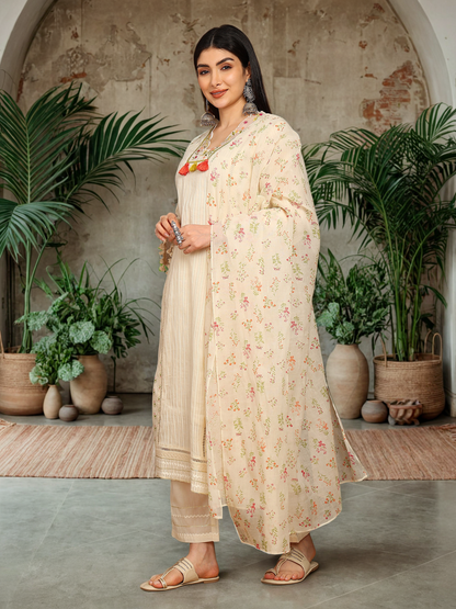 Chikankari-Style Kurta with Tassel & Lace Detailing