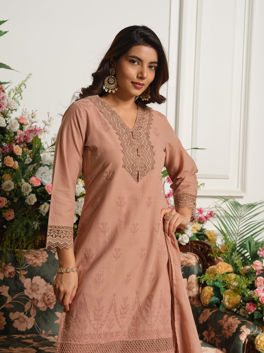 Brown Embroidered Cotton Blend V-Neck Kurta Set with Dupatta