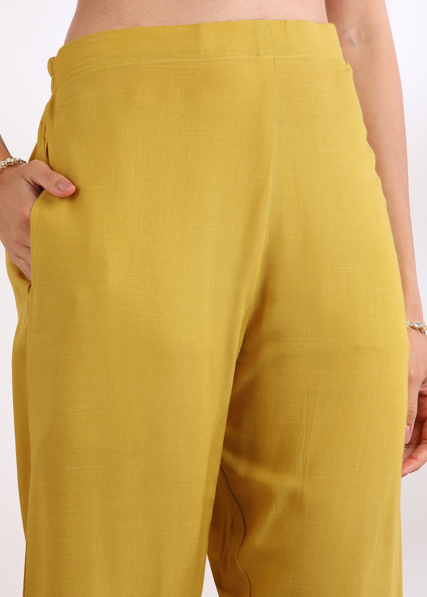 Women Mustard Rayon Embroidered Kurta Set with Digital Print Muslin Dupatta