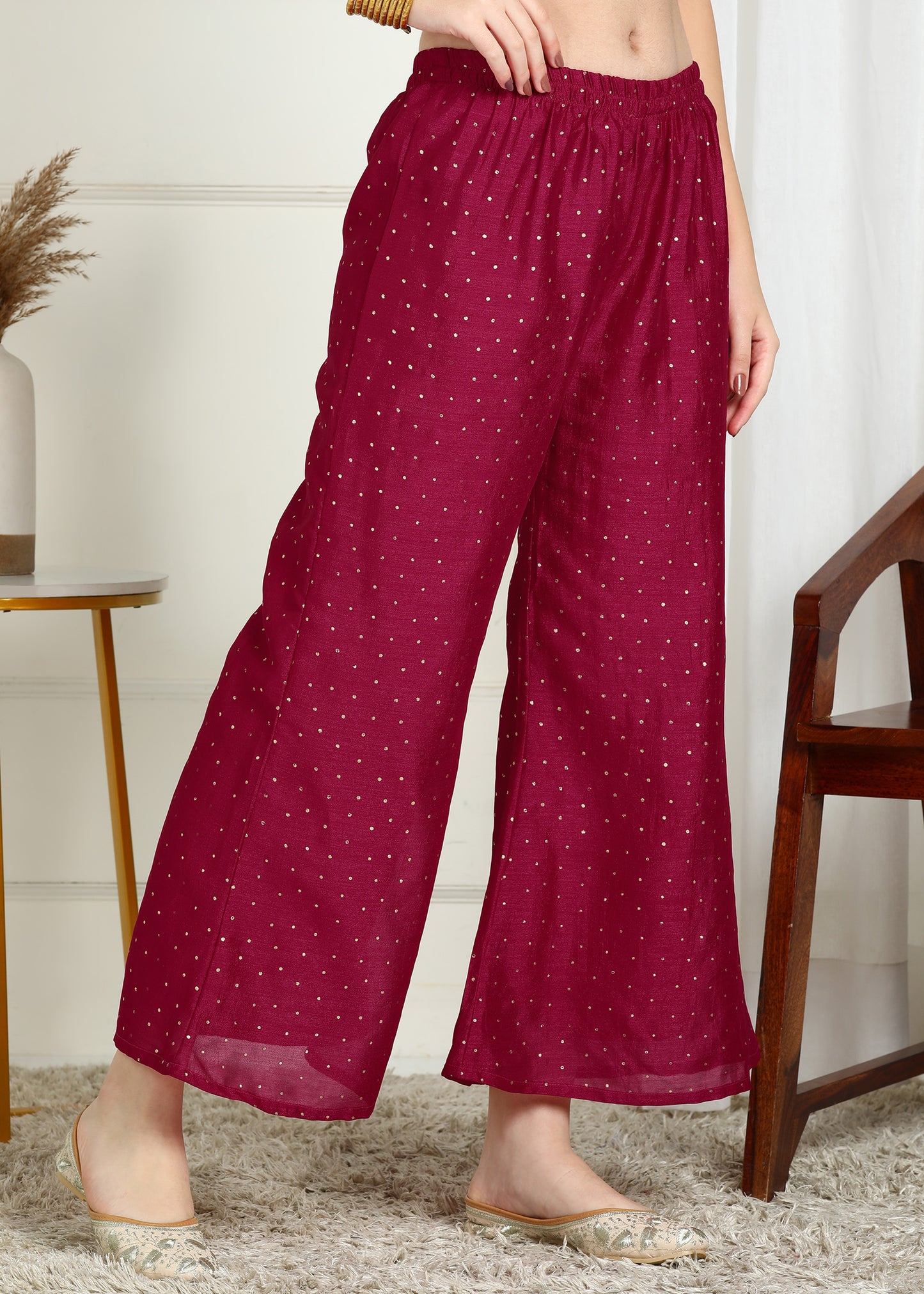 Burgundy Vichitra Foil Print & Embroidered Kurta Set with Lace Detailed Dupatta