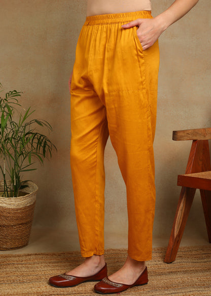 Women's Yellow Ethnic Motif Printed Kurta with Kantha & Sequin Work, Paired with Trousers and Dupatta