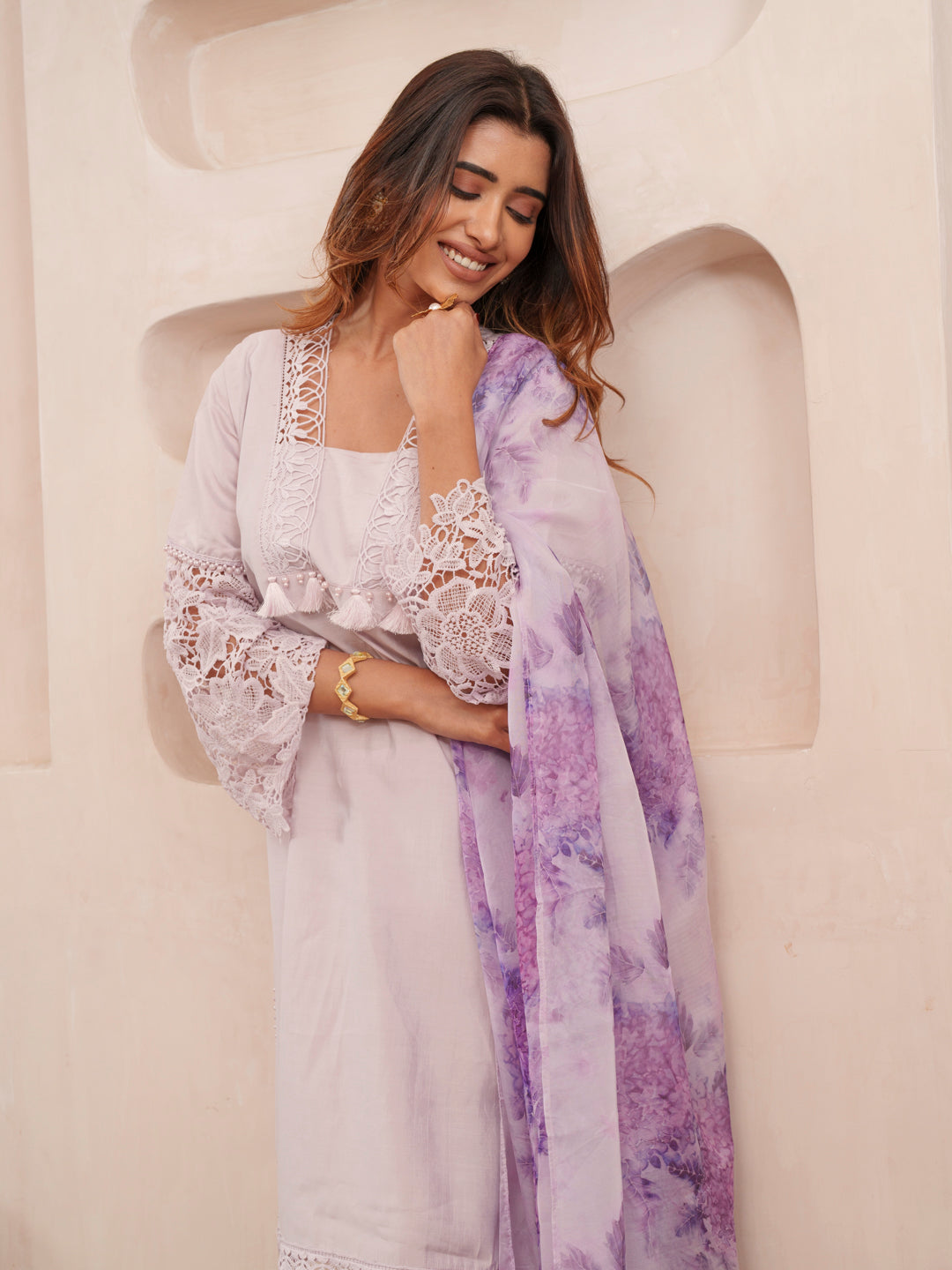 Rasion Silk Lace Work with Bead Embellished Lavender Kurta Pant & Dupatta