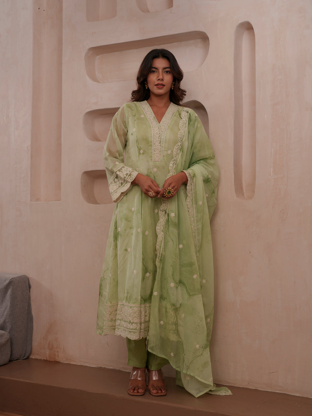 Floral Embroidered Straight Kurta & Trousers With Dupatta