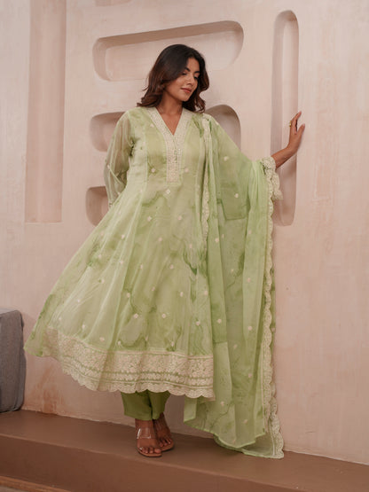 Floral Printed Organza Pleated Anarkali Kurta With With & Dupatta