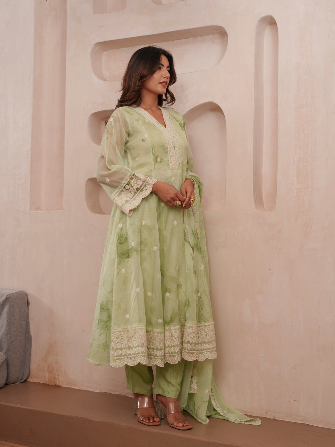 Floral Printed Organza Pleated Anarkali Kurta With With & Dupatta