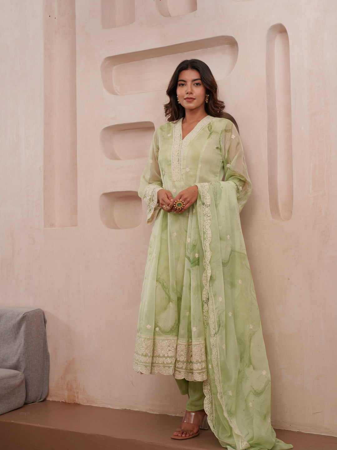 Floral Embroidered Straight Kurta & Trousers With Dupatta