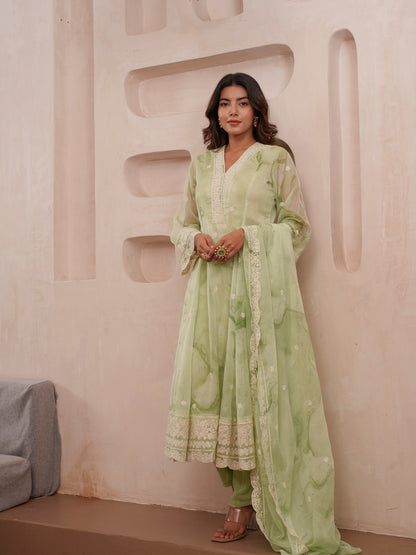 Floral Embroidered Straight Kurta & Trousers With Dupatta