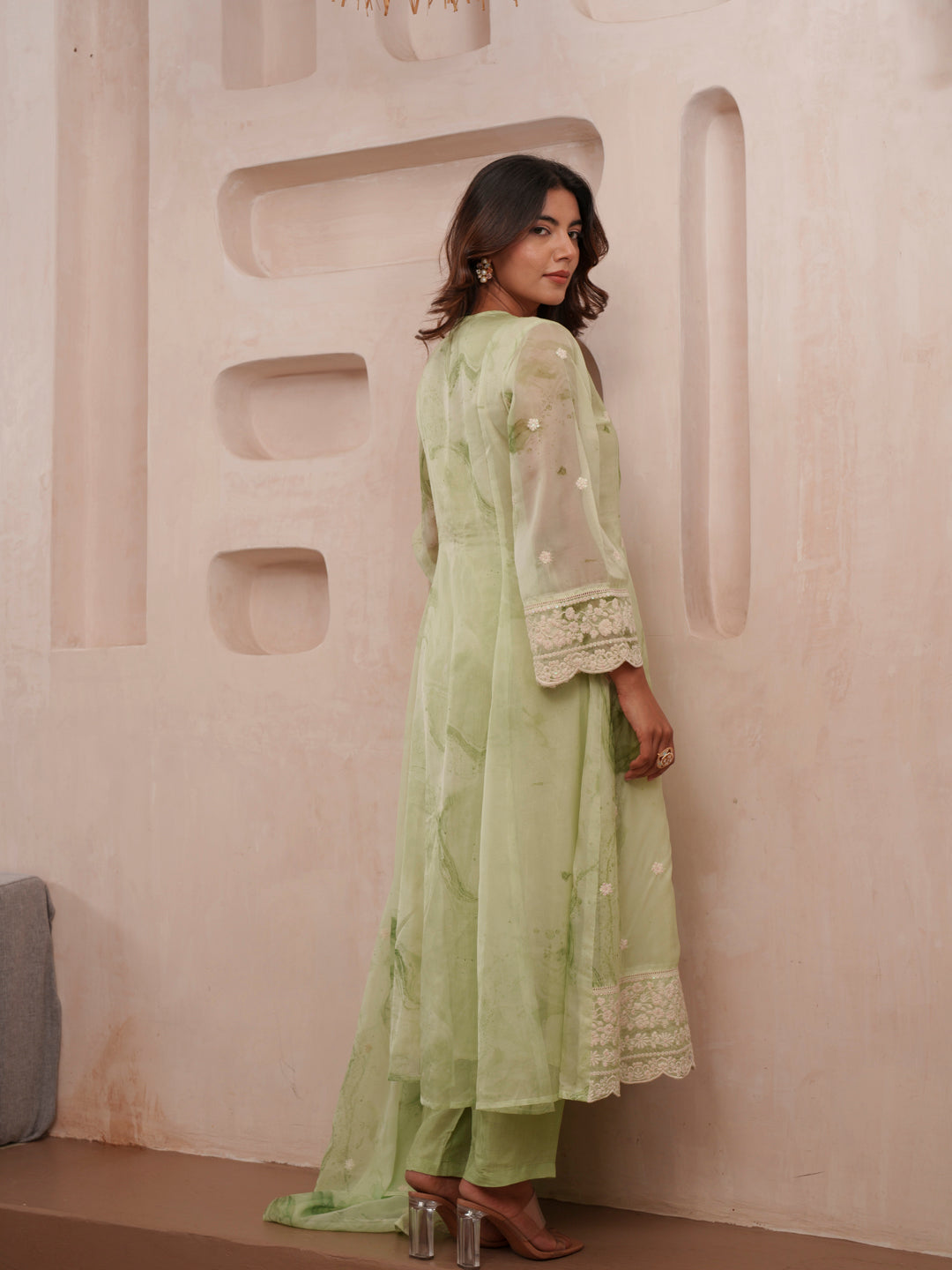 Floral Printed Organza Pleated Anarkali Kurta With With & Dupatta