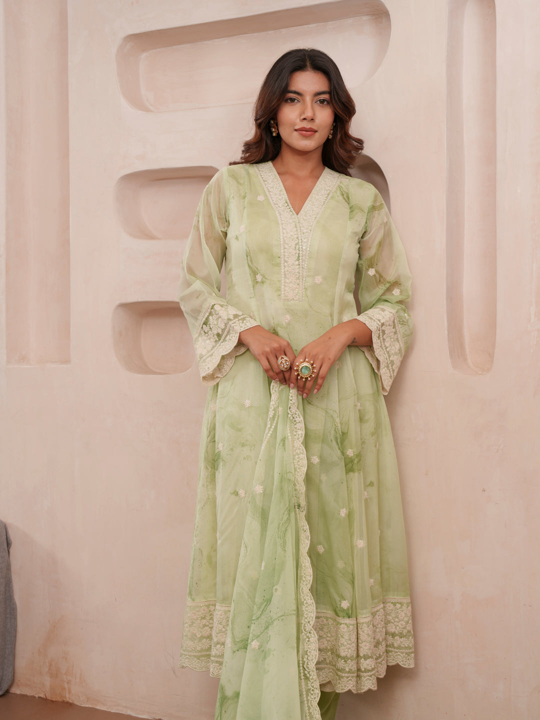 Floral Printed Organza Pleated Anarkali Kurta With With & Dupatta