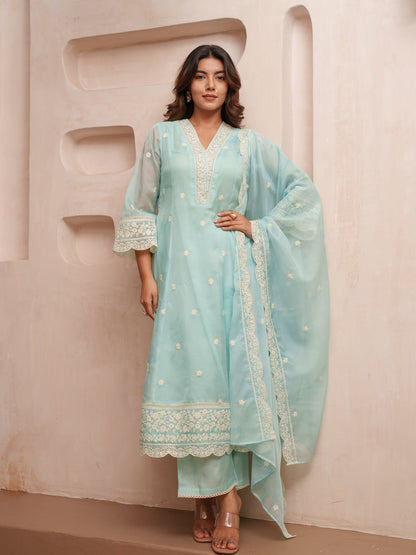 Floral Embroidered Straight Kurta & Trousers With Dupatta