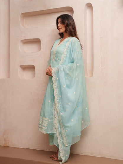 Floral Embroidered Straight Kurta & Trousers With Dupatta