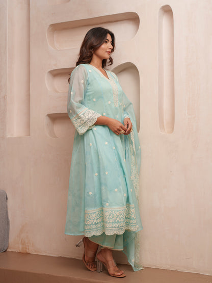 Floral Embroidered Straight Kurta & Trousers With Dupatta