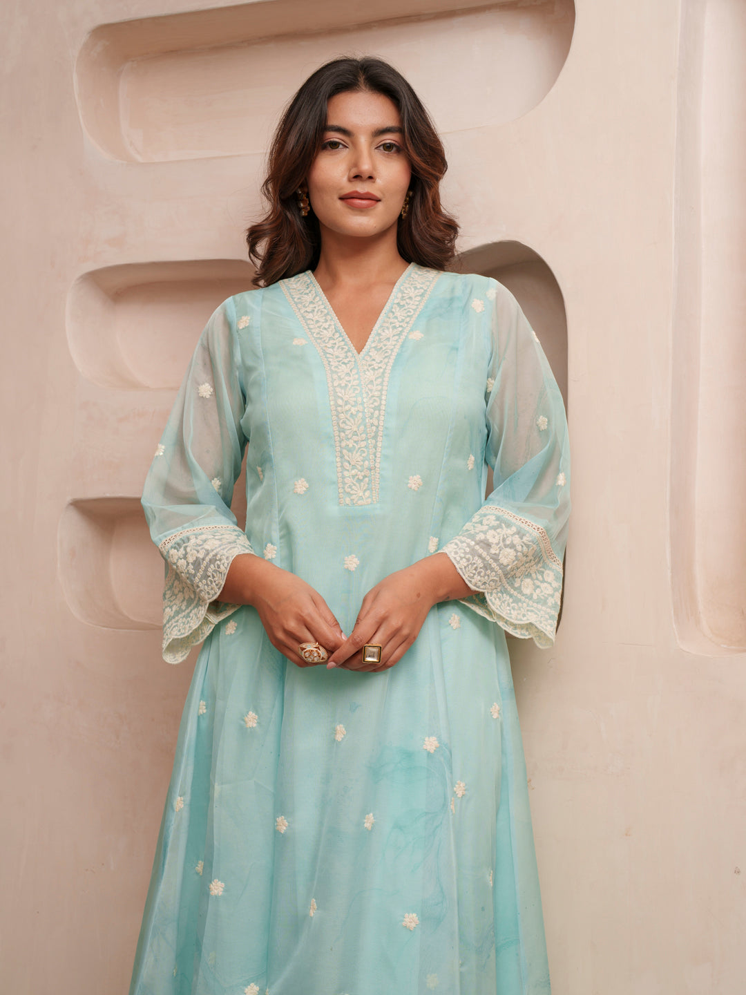 Floral Embroidered Straight Kurta & Trousers With Dupatta