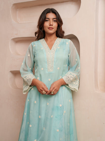 Floral Embroidered Straight Kurta & Trousers With Dupatta