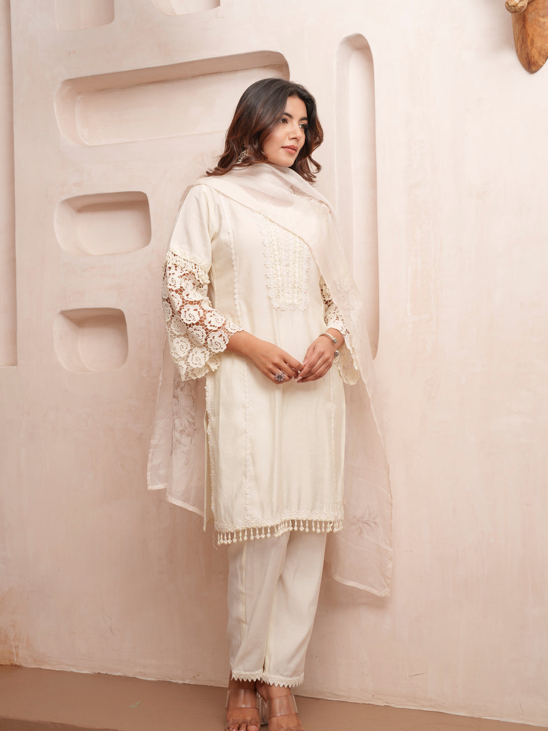 Rasion Silk  Lace Work with Bead Embellished Cream Kurta Pant & Dupatta
