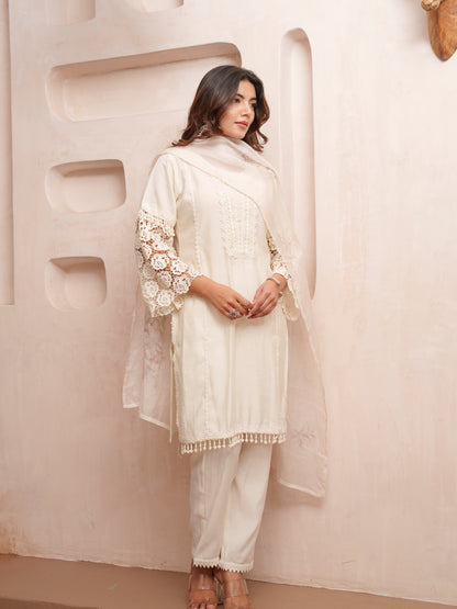 Rasion Silk  Lace Work with Bead Embellished Cream Kurta Pant & Dupatta