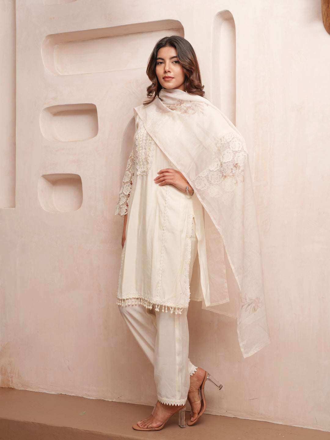 Rasion Silk  Lace Work with Bead Embellished Cream Kurta Pant & Dupatta