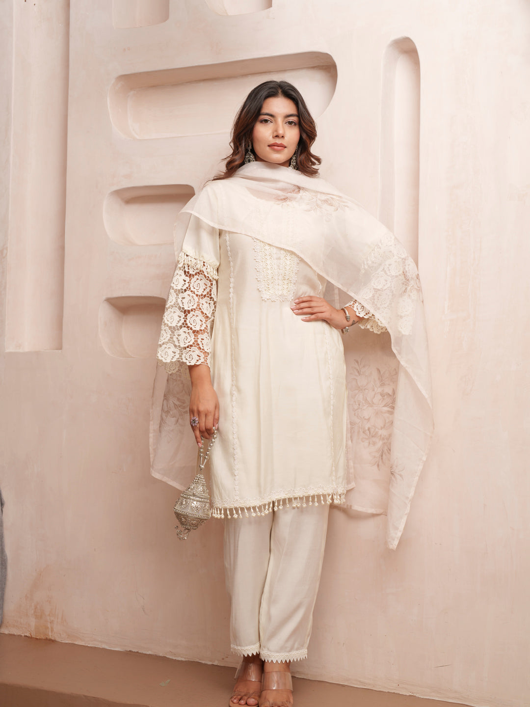 Rasion Silk  Lace Work with Bead Embellished Cream Kurta Pant & Dupatta